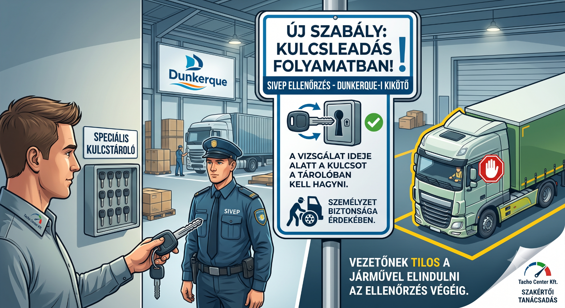 Raktárban dolgozó biztonsági őr kulcsot ellenőriz, teherautó és táblák jelzik a folyamatot.