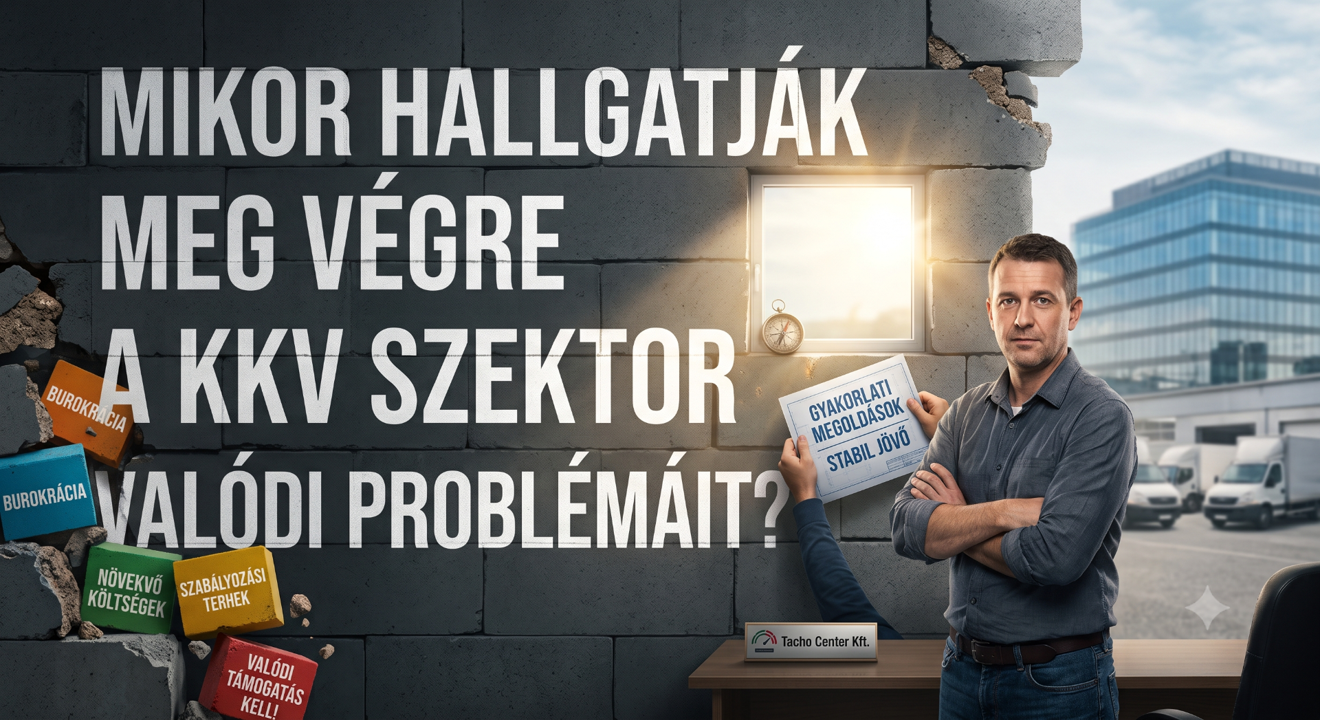Férfi irodai környezetben, fal mellett, „Mikor hallgatják meg végre…” felirat és bürokrácia kockák.
