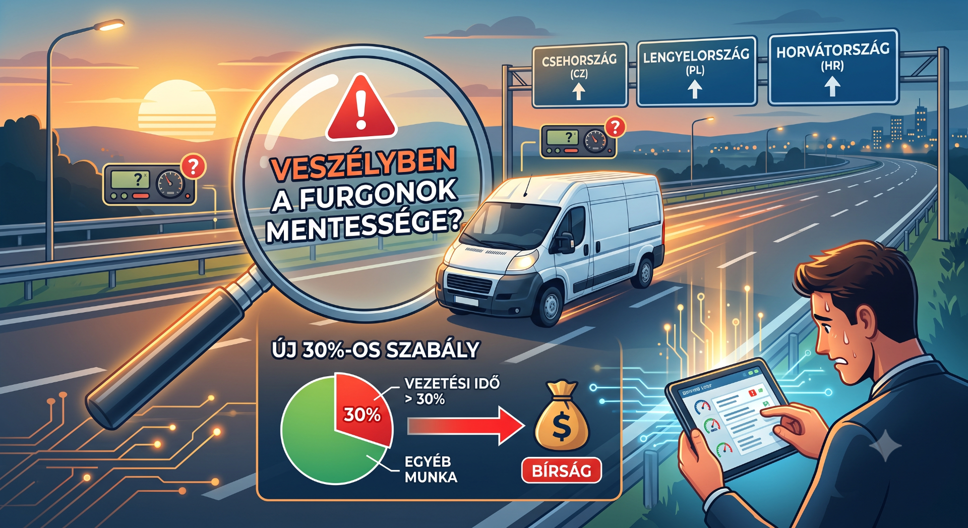 Kamionos útillusztráció nagy nagyítóval, figyelmeztető jelzéssel, ország táblákkal és sofőr digitális táblagéppel.