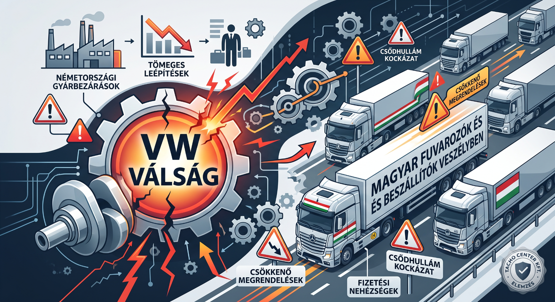 Kamionos útvonalon figyelmeztető ikonok, „WWW VÁLSÁG” felirat és kockázati jelzések, ipari grafika.