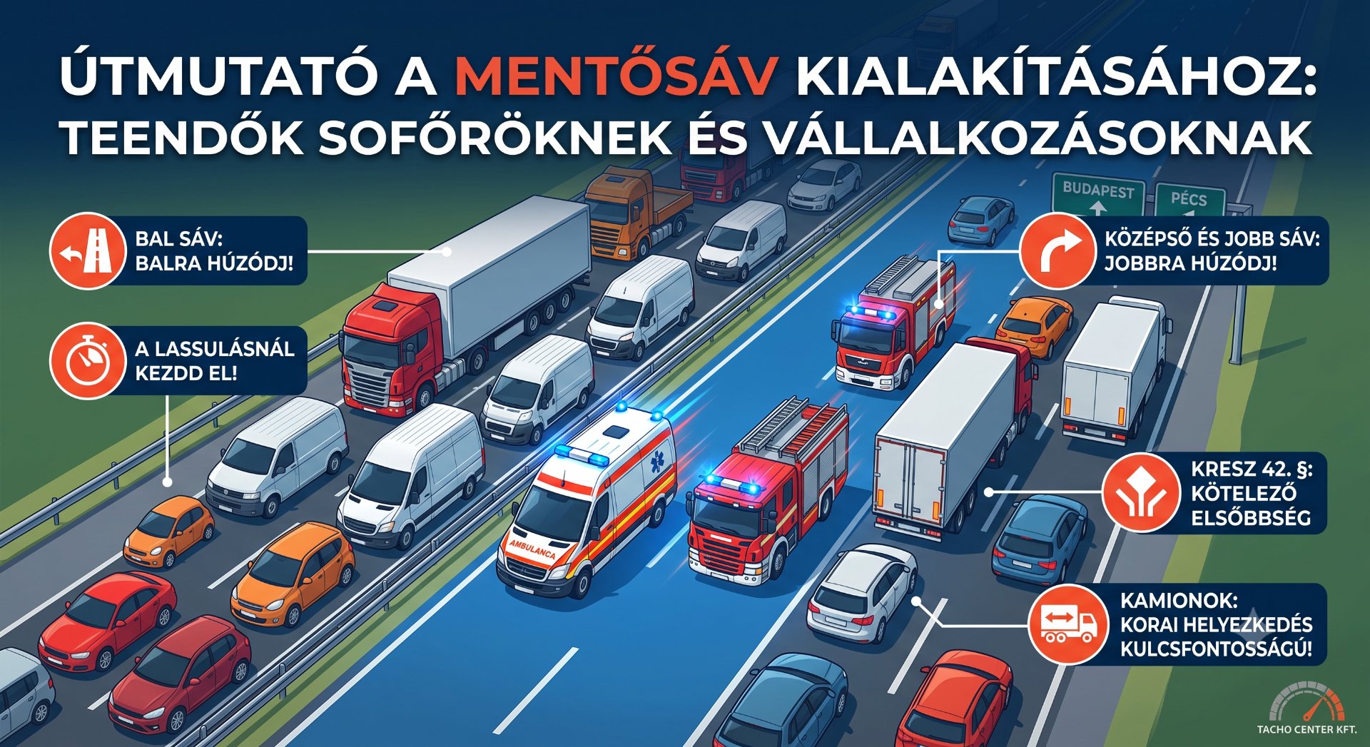 Autópálya forgalmi illusztráció mentőkkel, kamionokkal, autókkal, sávjelzésekkel és figyelmeztető feliratokkal.