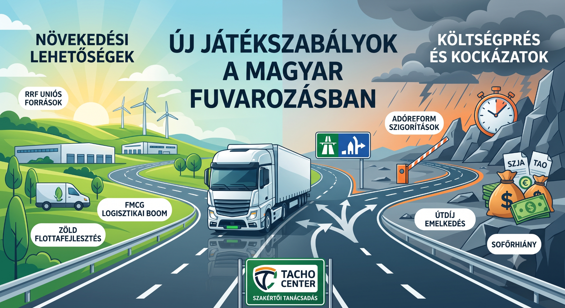 Illusztrált út két részre osztva: zöld logisztika és fuvarozás, kockázatok, pénzzacskók, teherautók, feliratokkal.