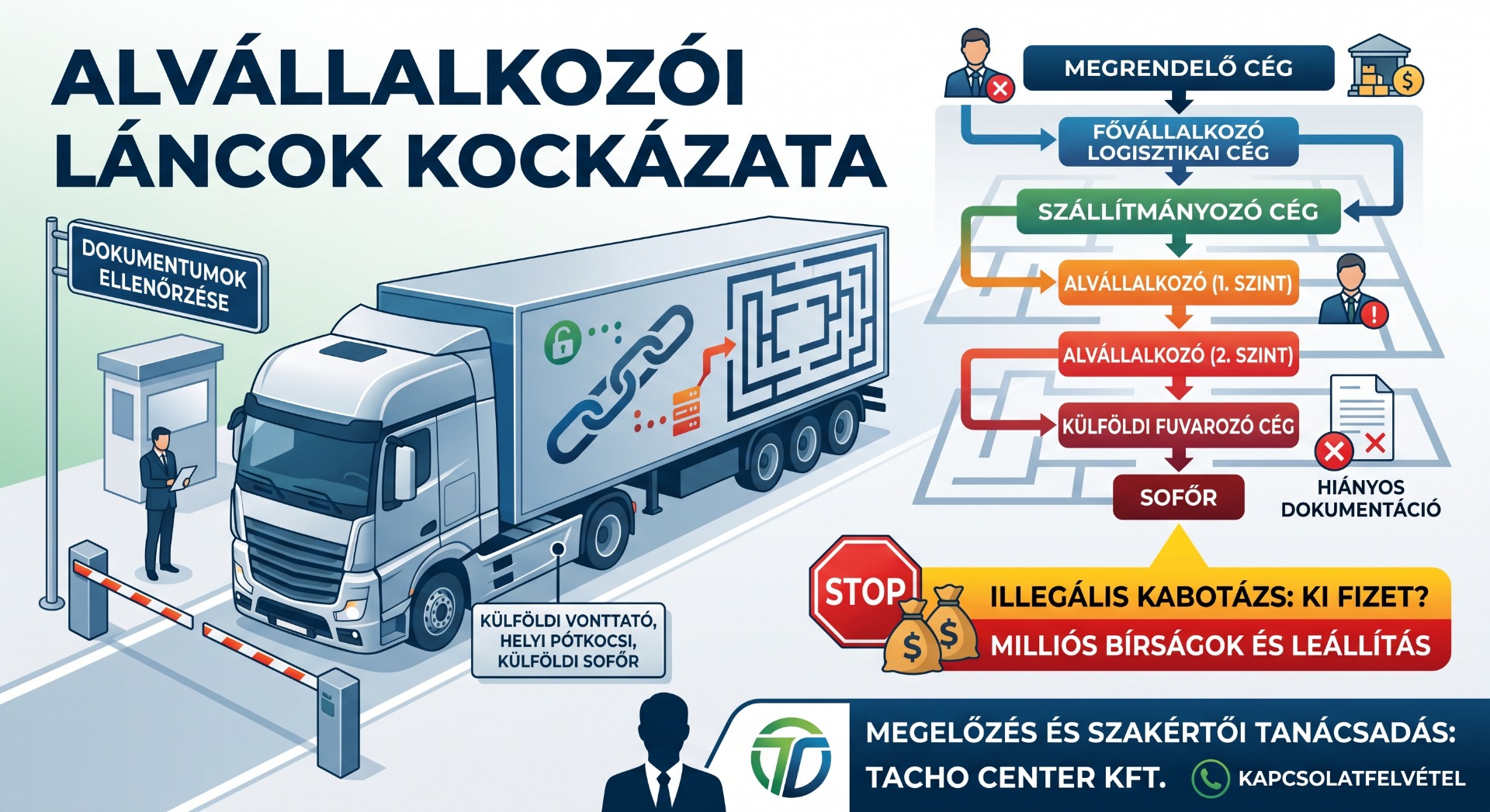 Infografika: teherautó, dokumentumellenőrzés, alvállalkozói szintek, stop tábla és illegális fuvarkockázat feliratok.