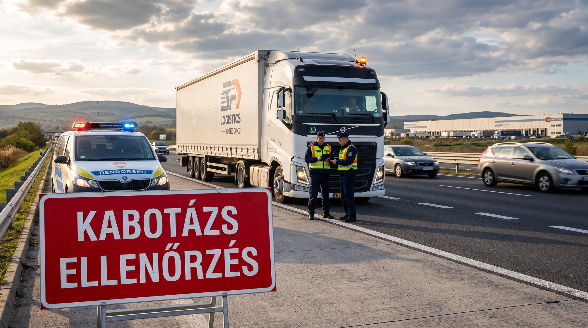 Rendőrségi járművek és fehér kamion az autópályán, forgalomirányítók beszélgetnek, piros „KABOTÁZS ELLENŐRZÉS” tábla.