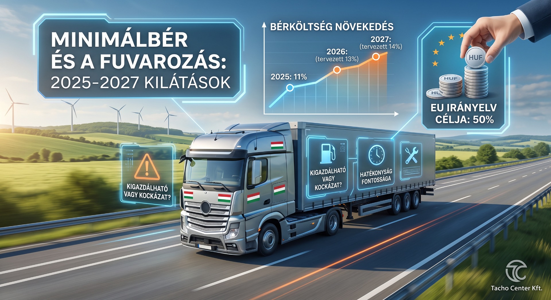 Kék infografikás kamion autópályán, minimálbér és fuvarozás 2025–2027, kéz érmehalommal, EU cél 50%.