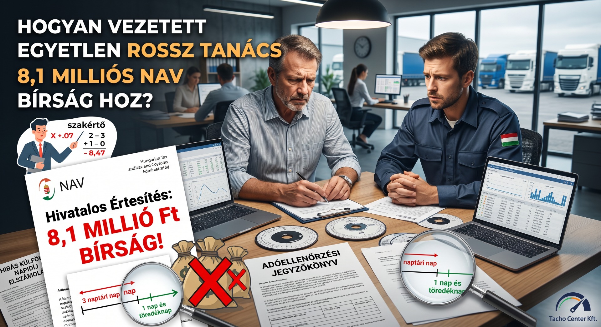 Irodában két férfi adóellenőrzési dokumentumok és laptopok mellett, nagy feliratokkal és grafikonokkal.