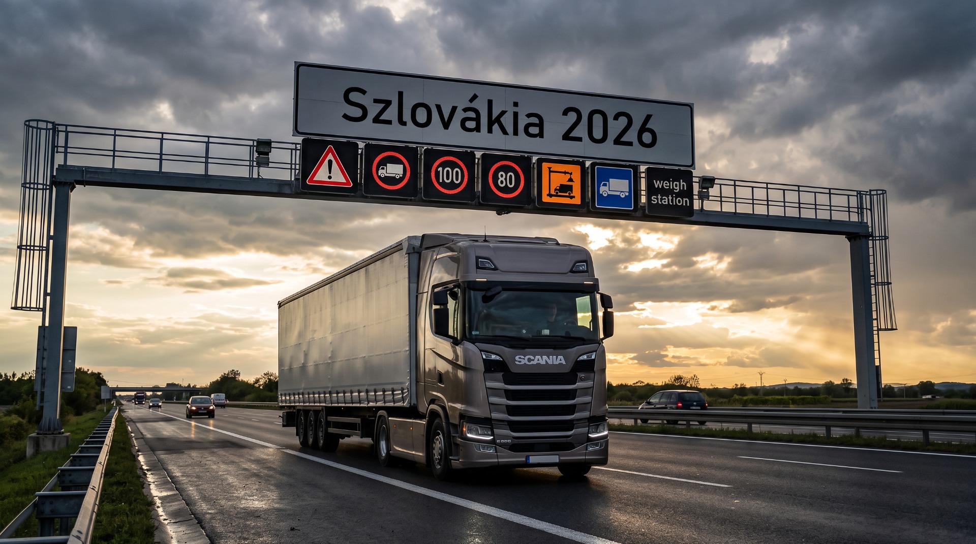 Kamion halad az autópályán, felette elektronikus tábla „Szlovákia 2026” és sebességkorlátozó jelzések.