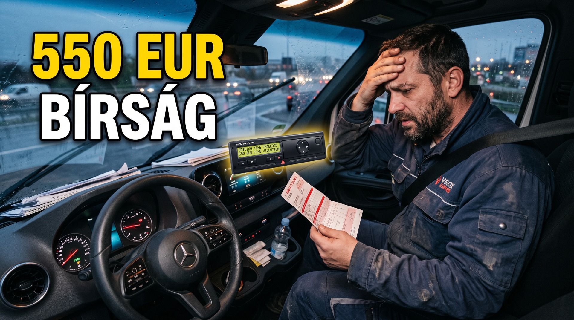 Fáradt sofőr ül teherautófülkében, fejét fogja, menetlevéllel és esőben városi kilátással.