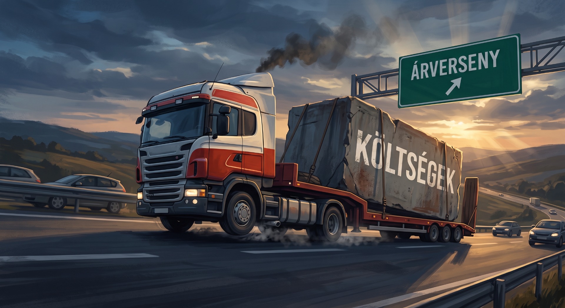 Narancs-fehér kamion halad autópályán, füstöt ereget, zöld tábla „ÁRVERSENY” nyíllal.