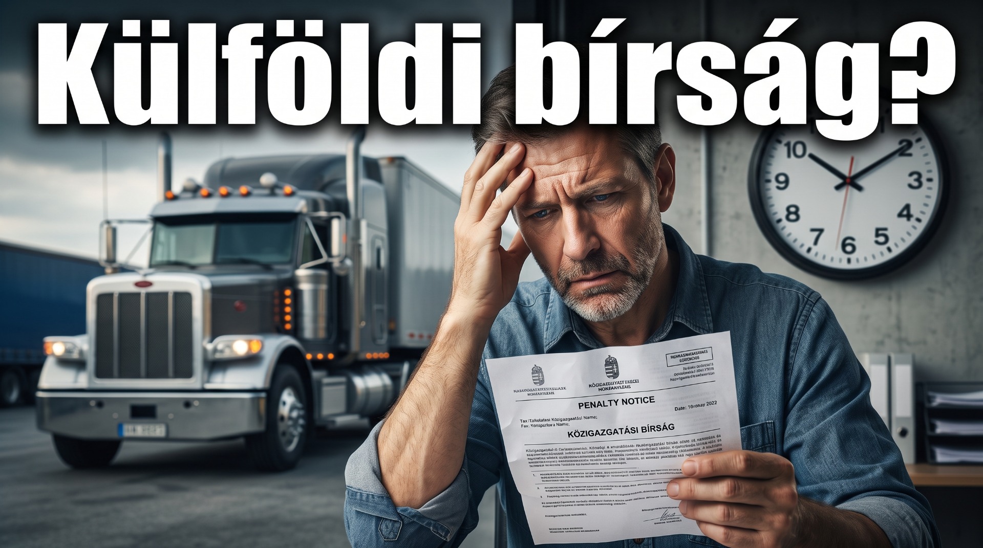 Fáradt férfi teherautó mellett, fejét fogja, büntetési értesítést tart, háttérben óra és kamion.