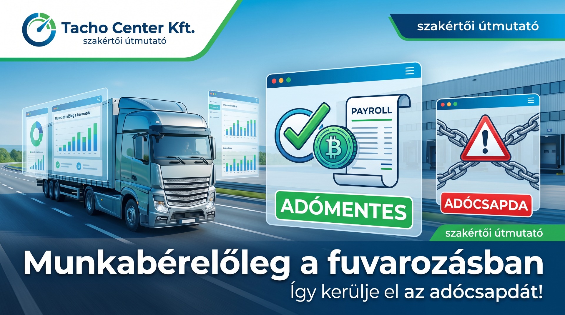 Kék kamion és digitális képernyők, ellenőrző jel, figyelmeztetés, „ADÓCSAPDA” felirat, szakértői útmutató háttérrel.