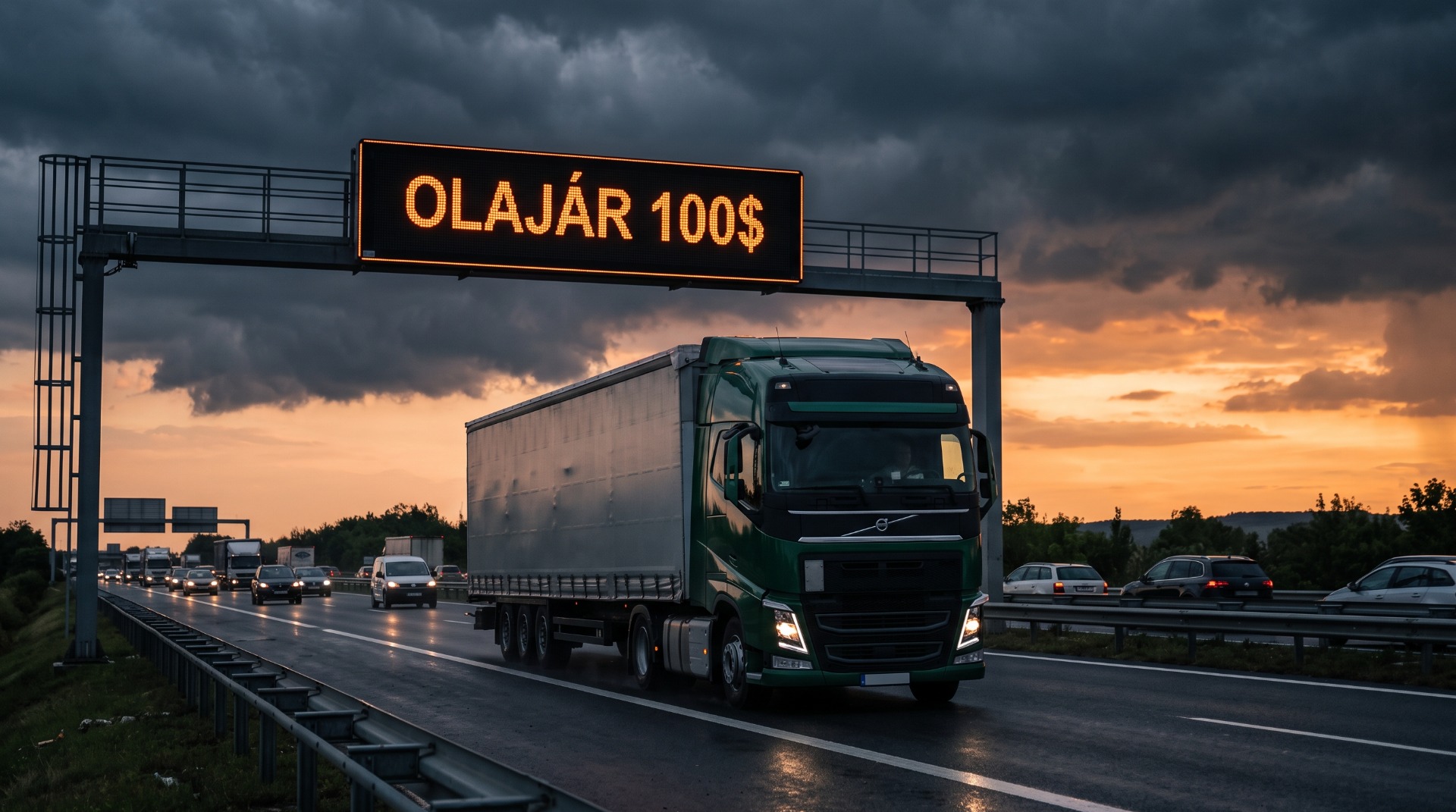 Zöld teherautó halad autópályán, felette LED tábla „OLAJAR 100$” feliratú, viharos alkonyi égbolt alatt.