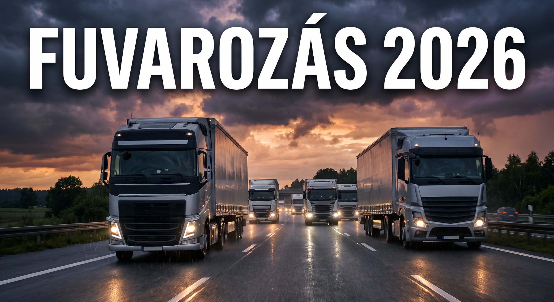 Autópályán több kamion halad egymás mellett viharos égbolt alatt, nagy felirat: FUVAROZÁS 2026.