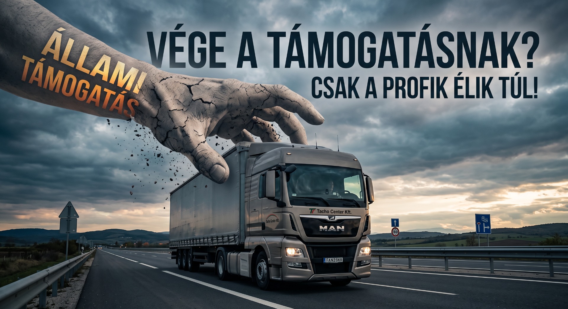 Kamion halad az autópályán, óriási kéz rázza, robbanó porral, feliratokkal és viharos égbolttal.