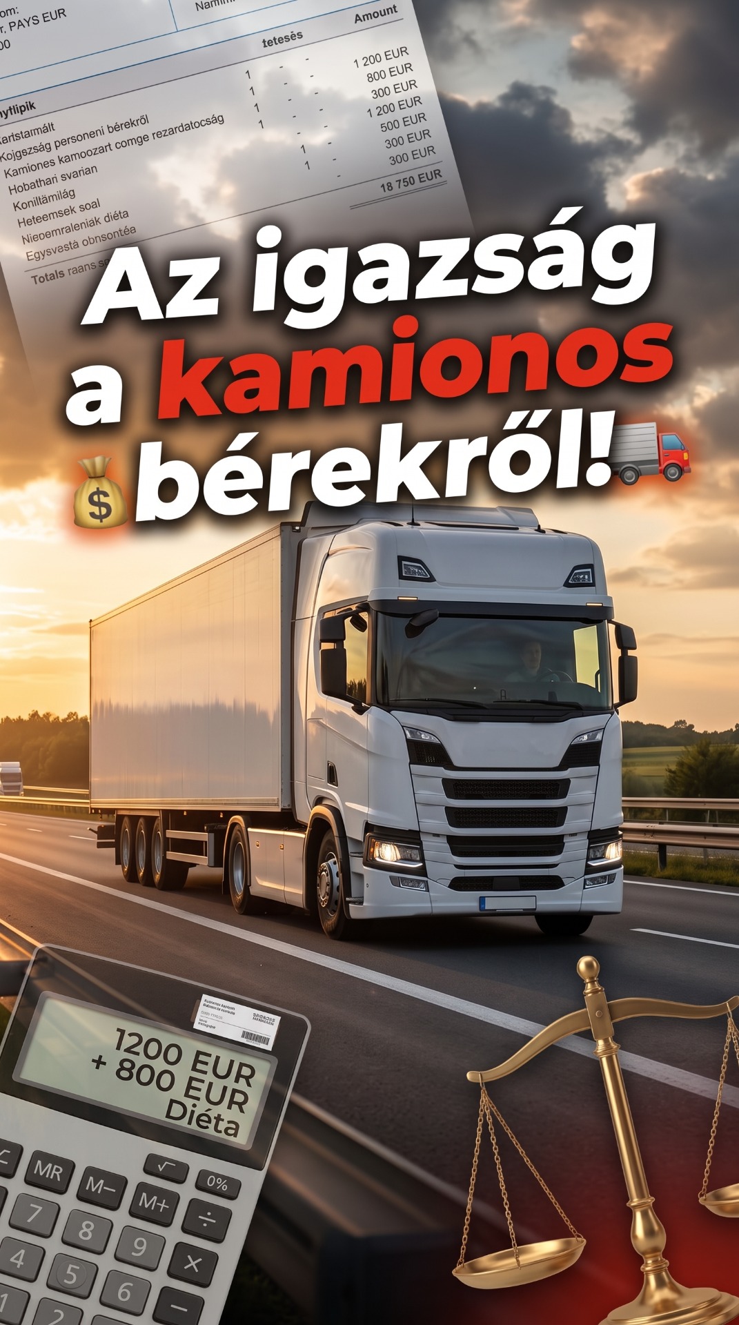 Fehér FedEx kamion halad autópályán, háttérben felhők; nagy szöveg: Az igazság a kamionos bérekből.