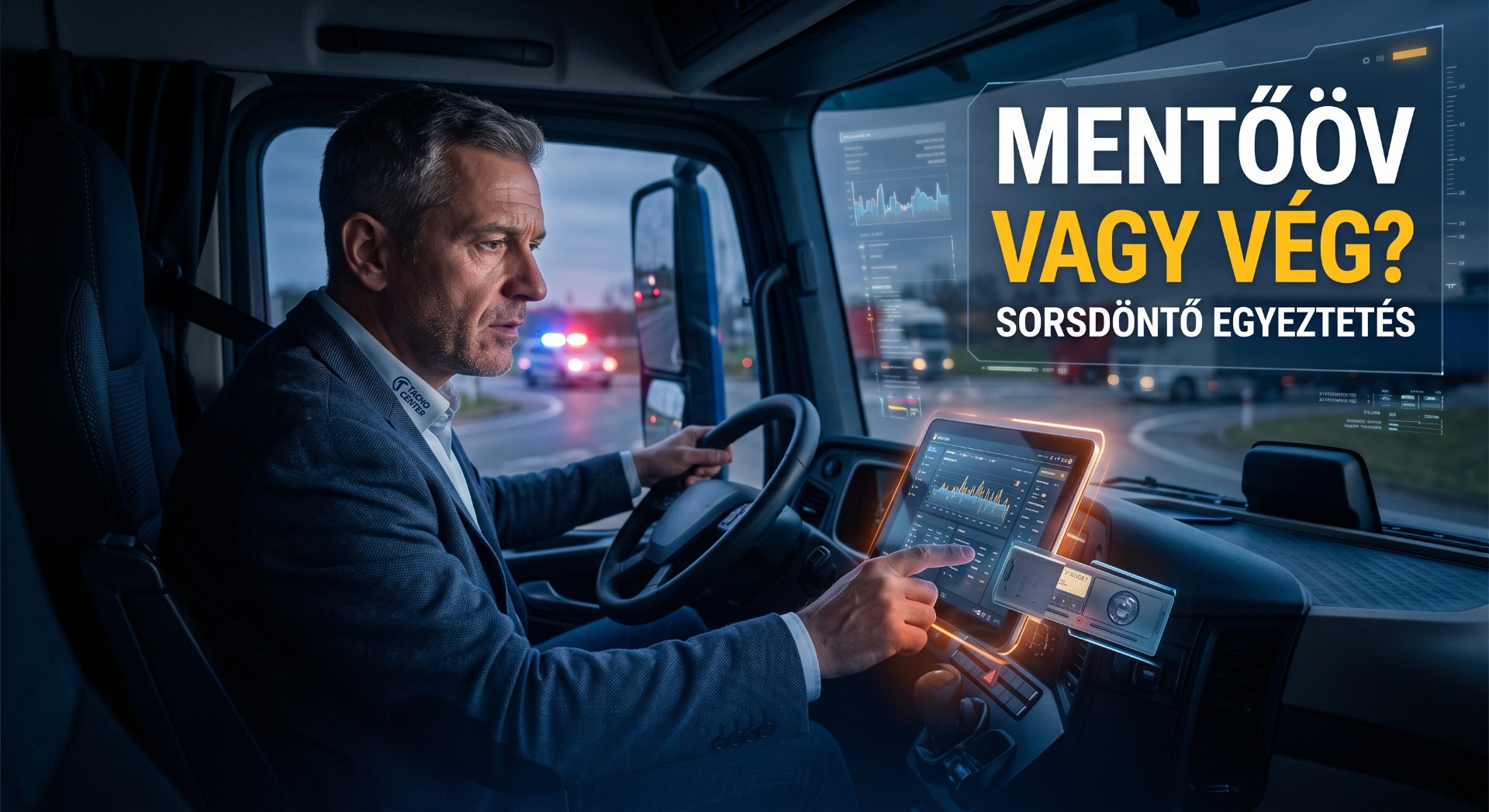 Sofőr fülkében vezet, előtte kijelzők és grafikonok, a képernyőn „Mentővág vagy vége?” szöveg.