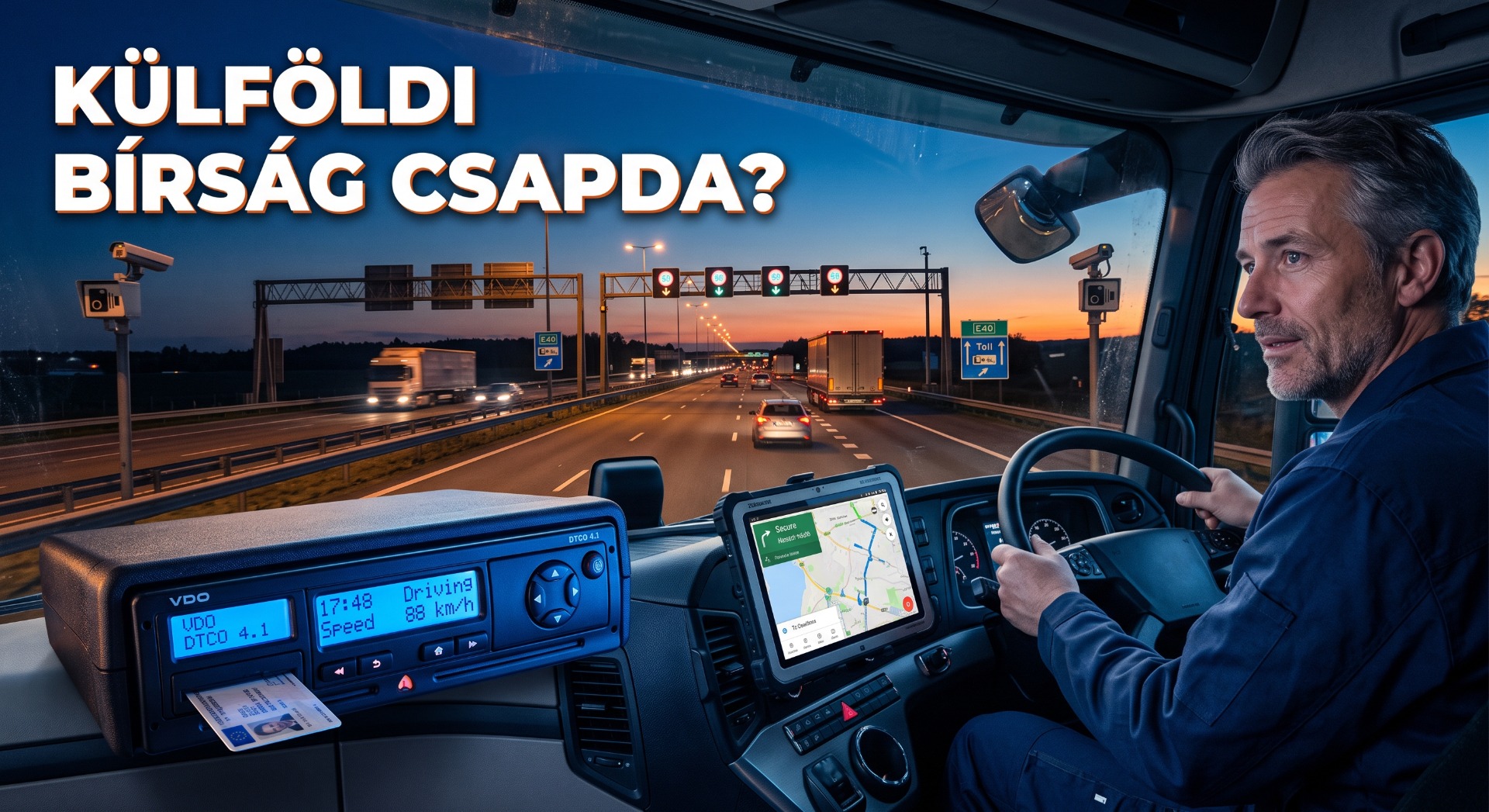 Autópályán vezető férfi kormány mögött, navigációs képernyővel, felüljáró alatt, kék felirat: „Külföldi bírsg csapda?”