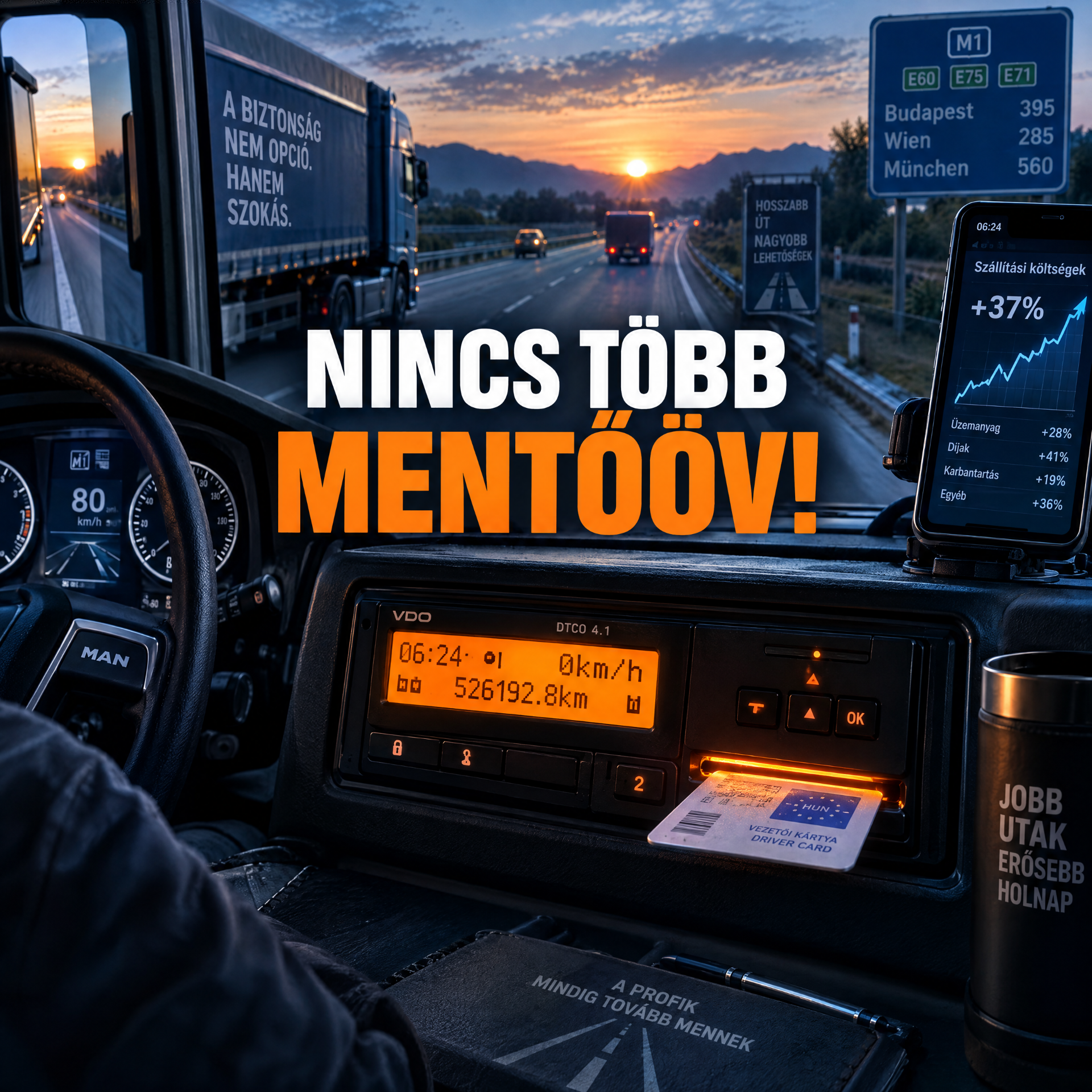 Kamionvezetőfülke kilátással autópályára naplementekor, kijelzők és „Nincs több mentőőv!” felirat.