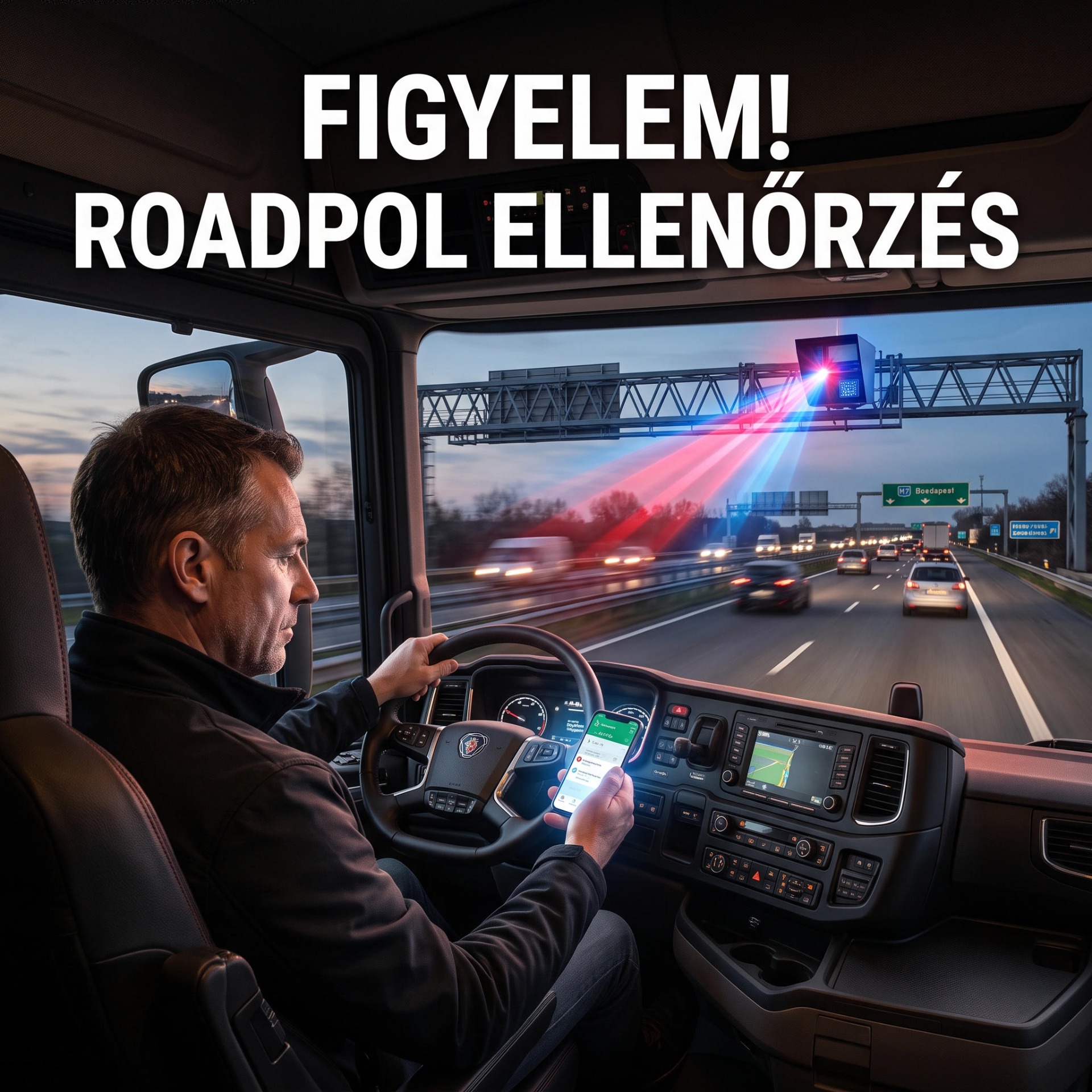 Sofőr vezetőfülkében, autópályán halad, lézerszerű fénycsíkok és „FIGYELM! ROADPOL ELLENŐRZÉS” felirat.