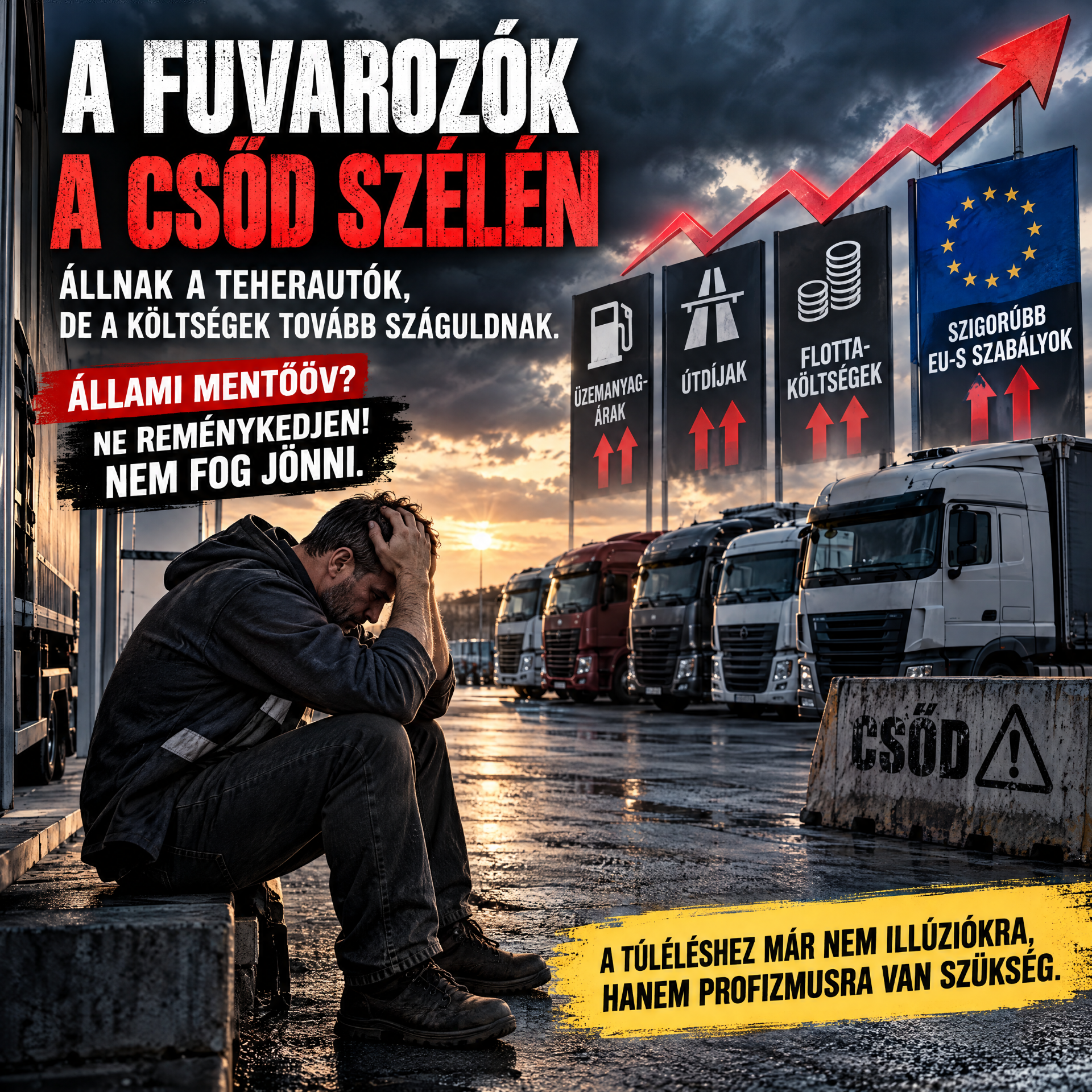 Kimerült férfi ül, teherautók sorakoznak, EU-zászlós plakátok és piros növekvő nyíl grafika látható.