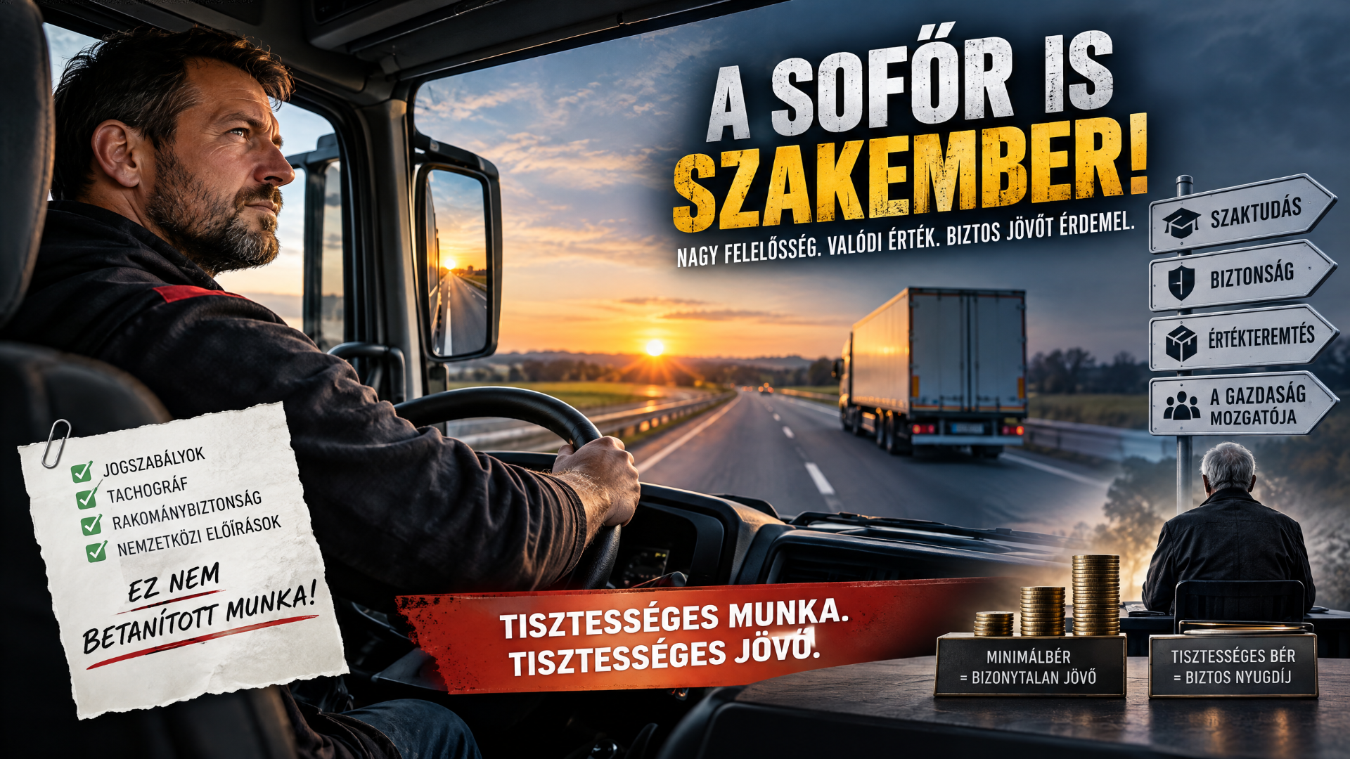 Kamionsofőr a volánnál naplementében, feliratokkal és jelzőtáblákkal, pénzérmékkel és út menti plakátokkal.