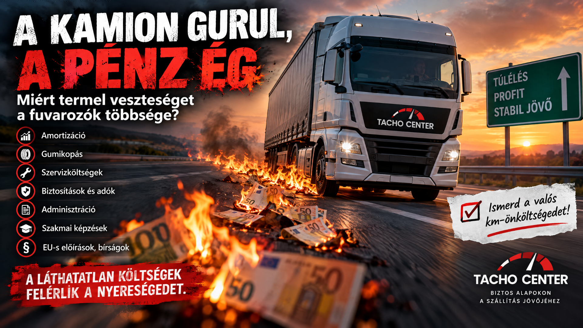 Fehér kamion égő úton, füsttel és pénzzel, feliratokkal; bal oldali költségtípusok, jobb oldali útjelző.