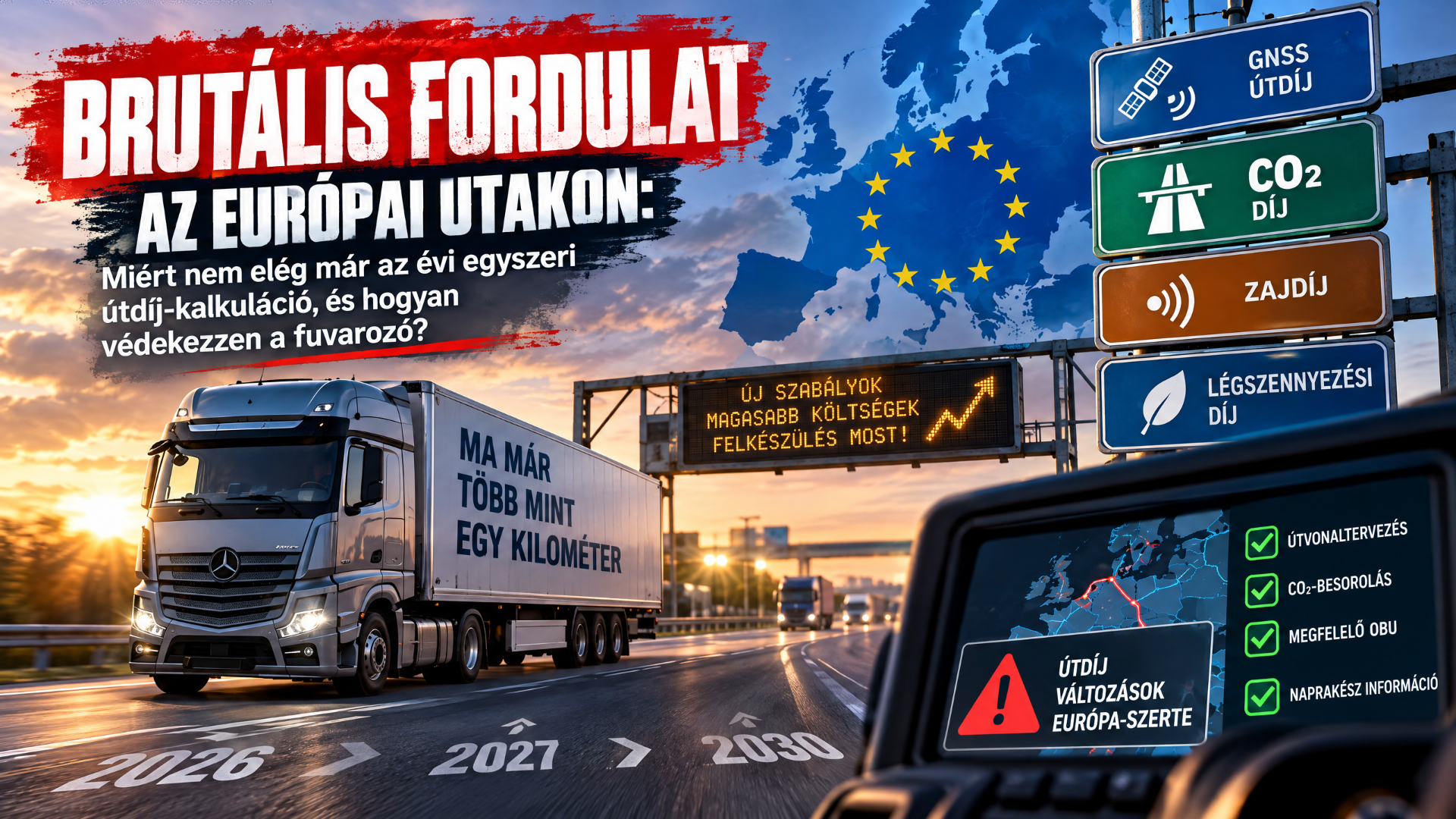 Kamion halad autópályán, EU-térkép és útdíj táblák, „Brutális fordulat” felirat, GNSS és CO2 díj jelzések.