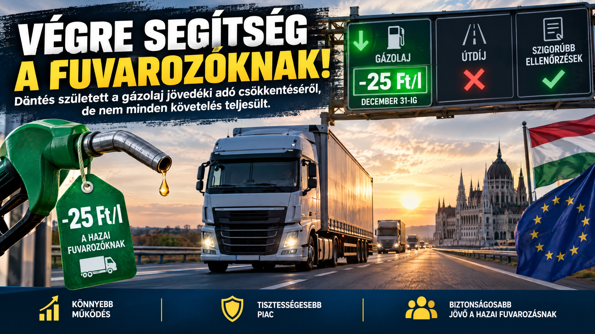 Kamionok autópályán, üzemanyagár-csökkentést jelző feliratokkal, EU-zászlóval és Parlament épületével háttérben.