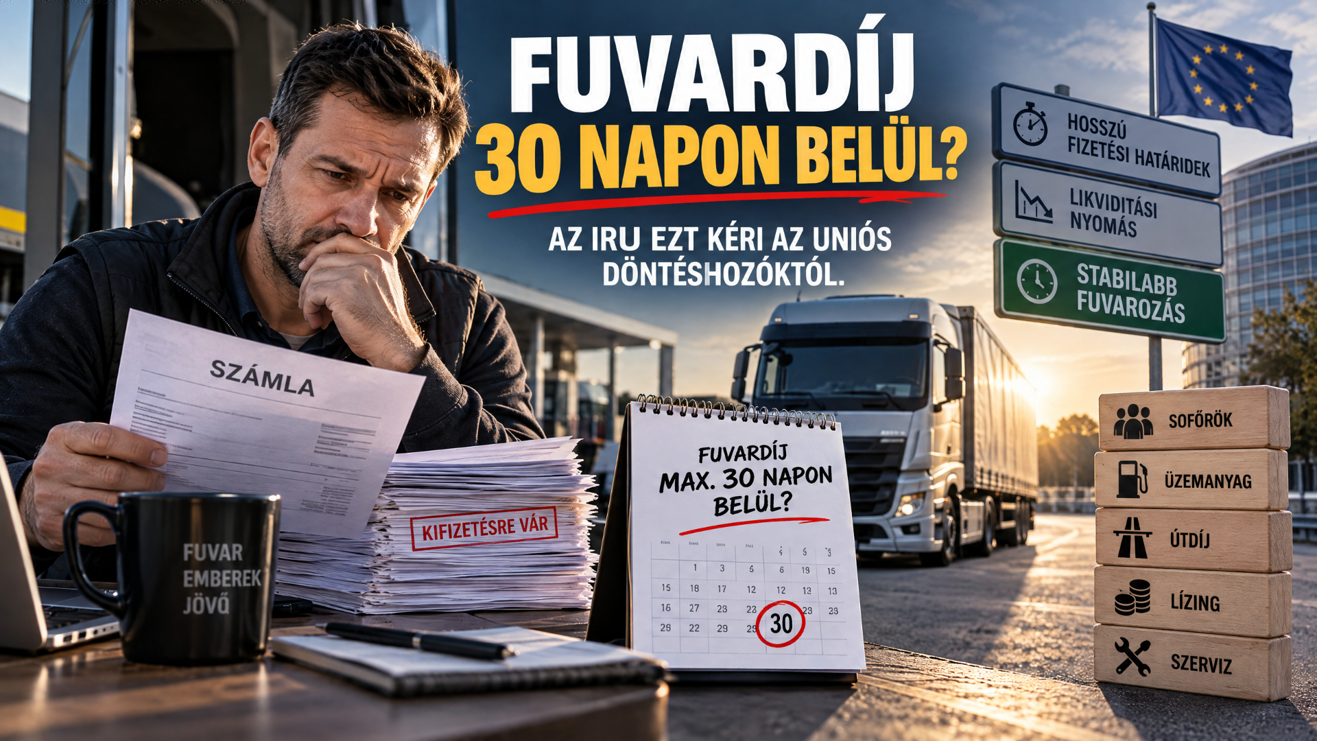 Gondterhelt férfi számlákat tart, teherautók mellett, EU-s feliratokkal és határidő táblákkal.