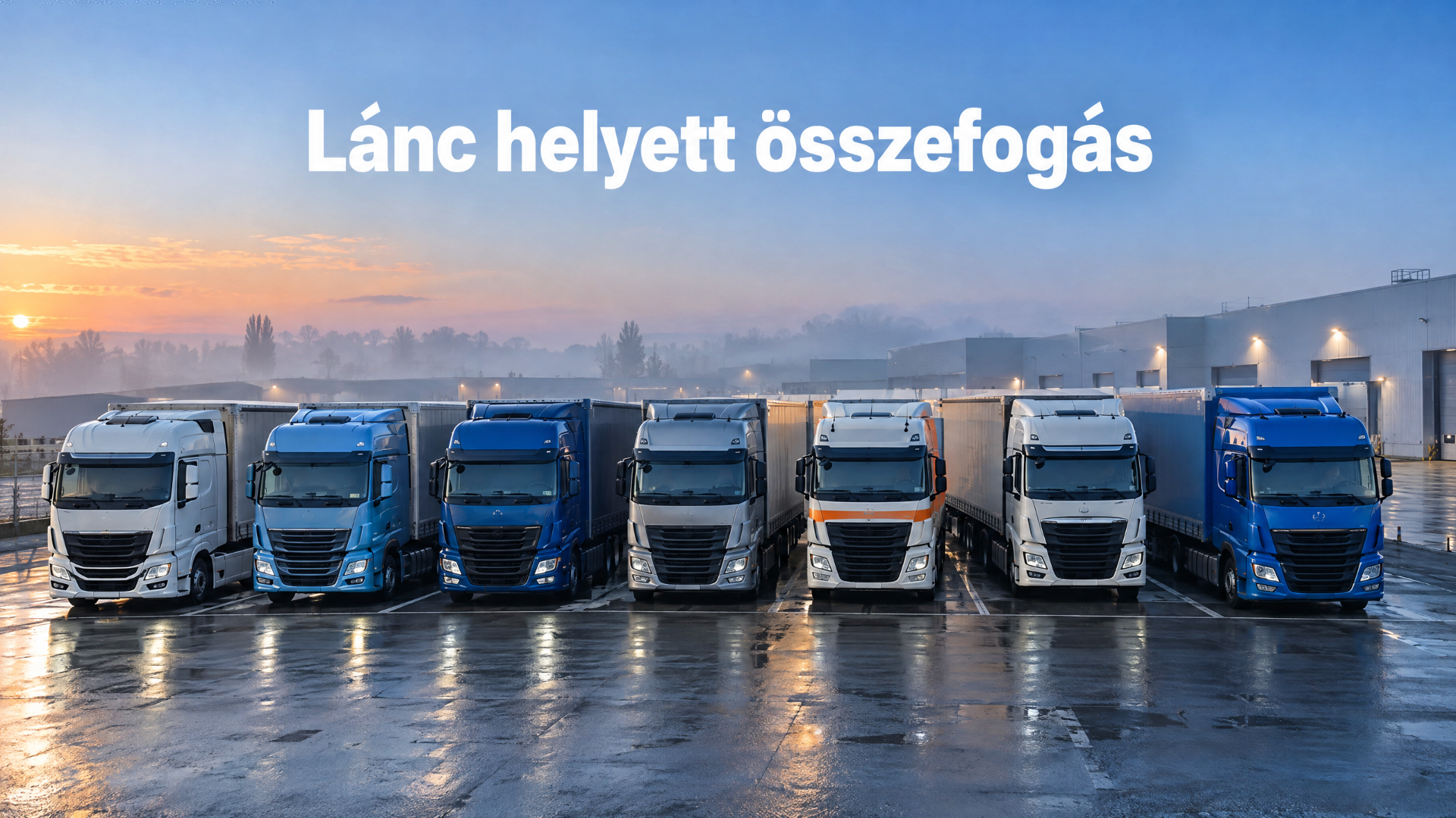 Hét különböző színű kamion áll egy sorban egy logisztikai telephelyen hajnalban, felettük a „Lánc helyett összefogás” felirat.