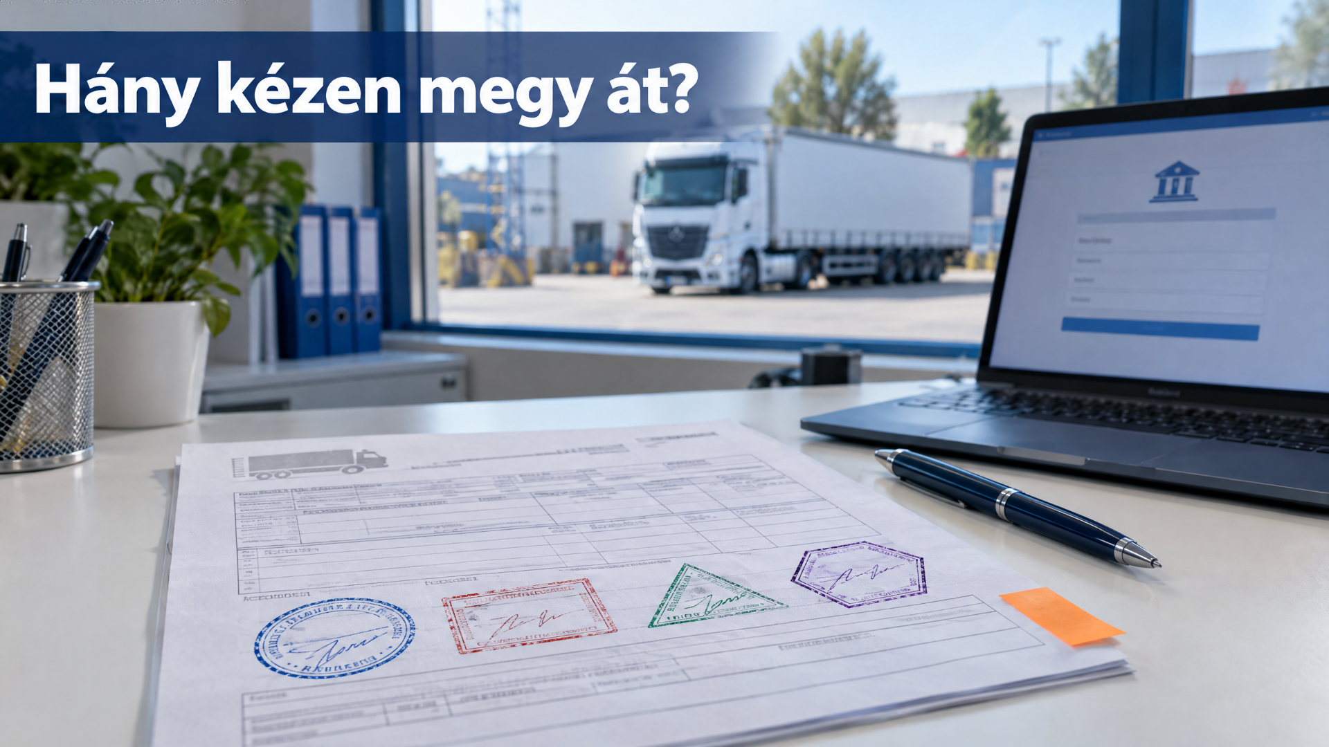 Fuvarmegbízás egy fuvarozó cég irodai asztalán, rajta több egymást átfedő cégbélyegzővel, a háttérben az ablakon át egy parkoló kamion látszik.