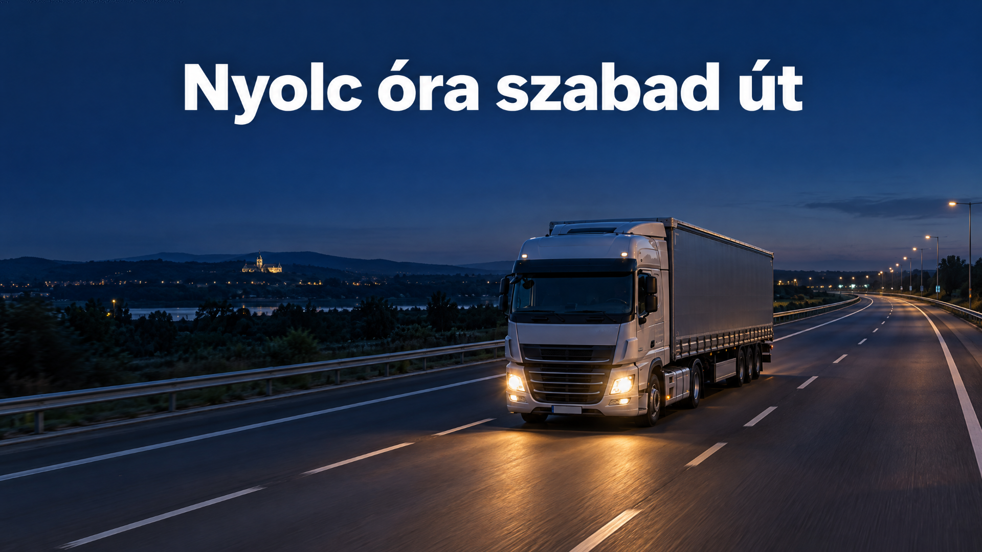 Kamion halad éjszaka egy üres magyar autópályán, „Nyolc óra szabad út” felirattal.