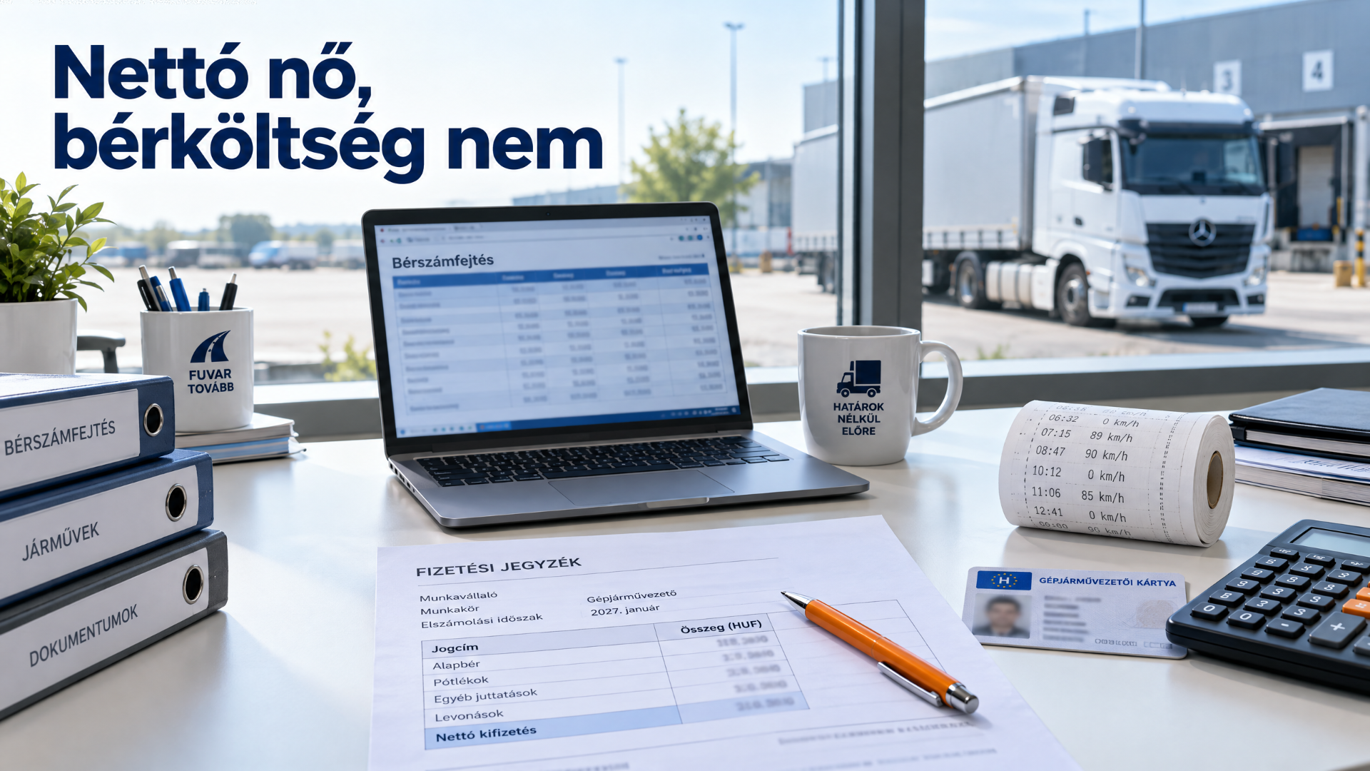 Rendezett irodai asztal bérjegyzékkel, laptoppal, sofőrkártyával és tachográf-kinyomattal, a háttérben kamion áll a telephelyen.
