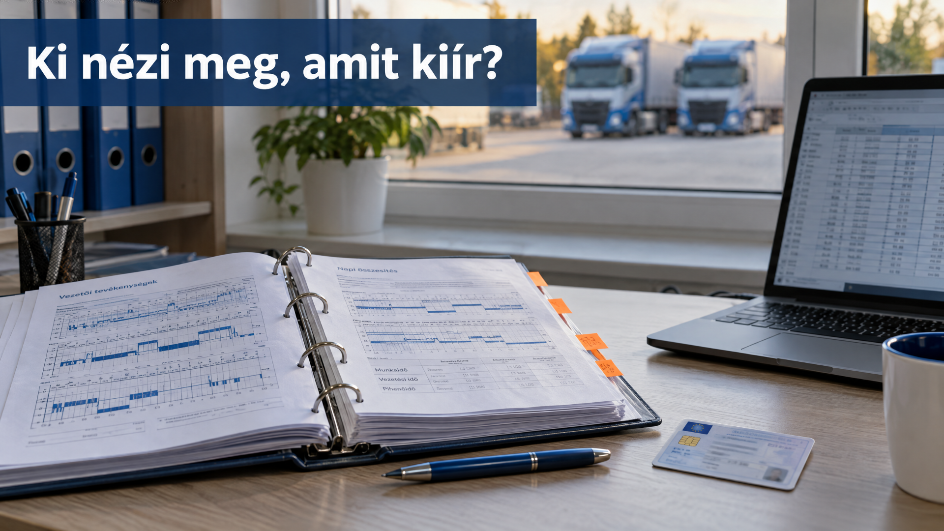 Rendezett irodai asztal tachográf-kiértékelésekkel teli dossziéval, sofőrkártyával és laptoppal, az ablakon túl parkoló kamionok.
