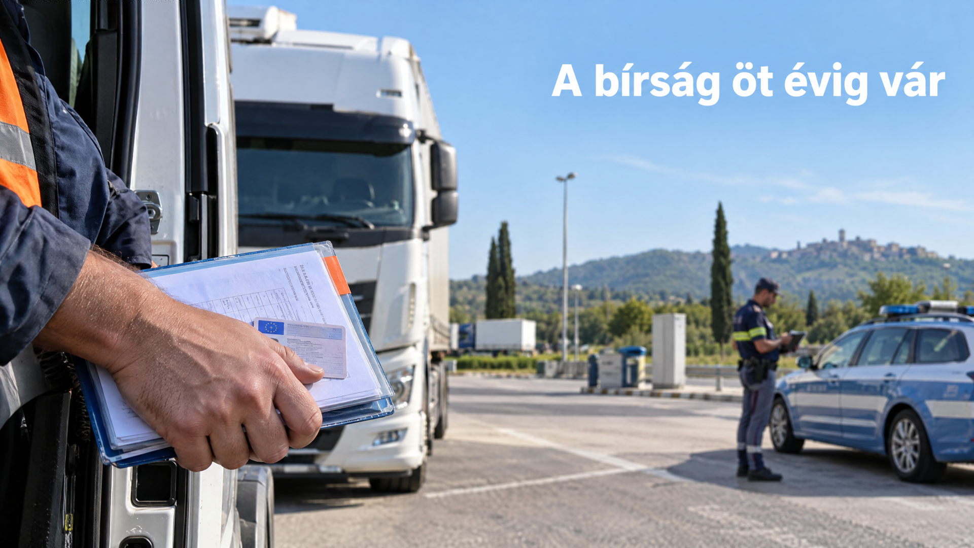 Kamionsofőr keze iratmappával és sofőrkártyával a nyitott fülkeajtón, a háttérben olasz közúti ellenőrzés egy autópálya-pihenőn.