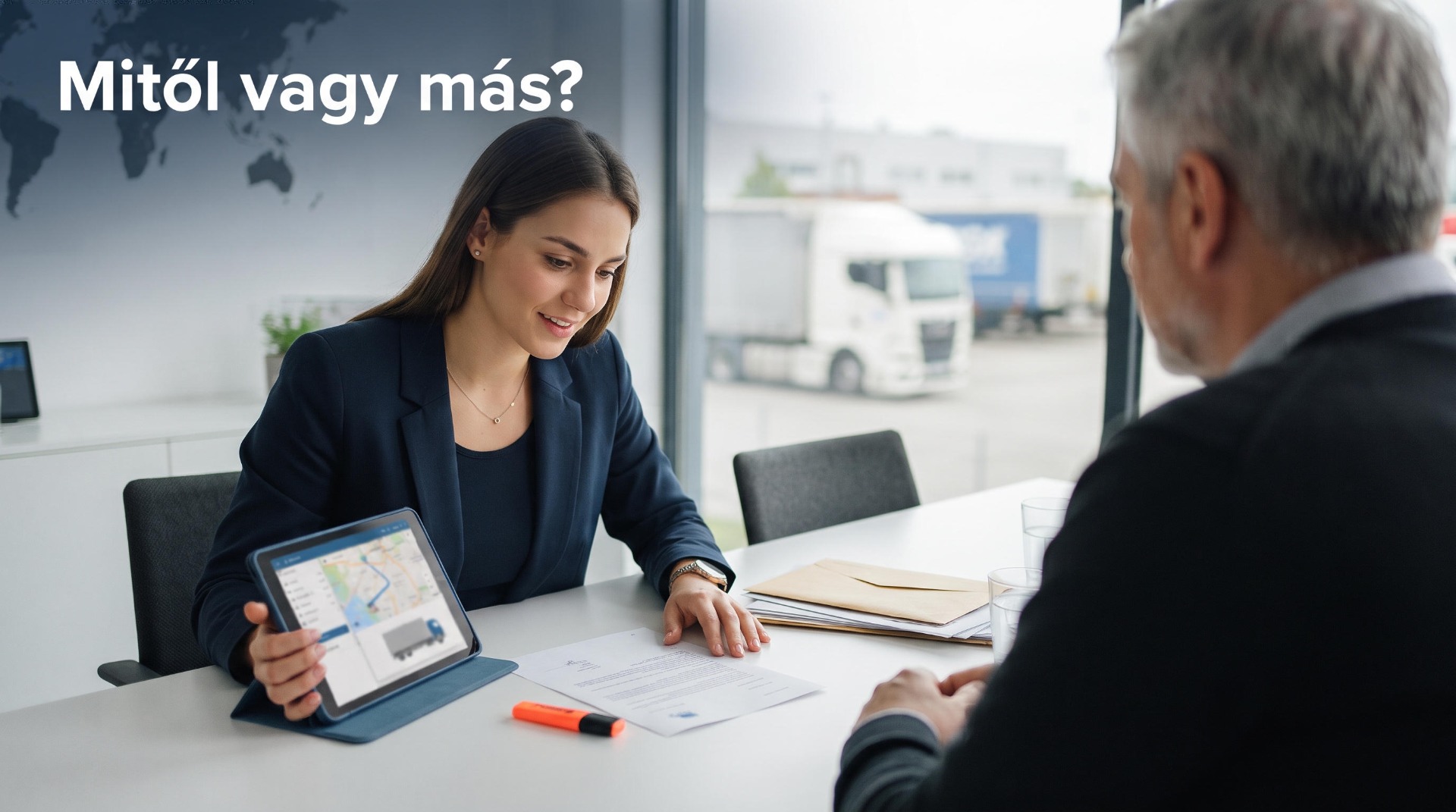 Fiatal logisztikai vezető egy tárgyalóban tablettel a kezében egy egyoldalas fuvarozói ajánlatot néz, szemben egy tapasztalt fuvarozó cégvezető ül, a háttérben egy kamion látszik.