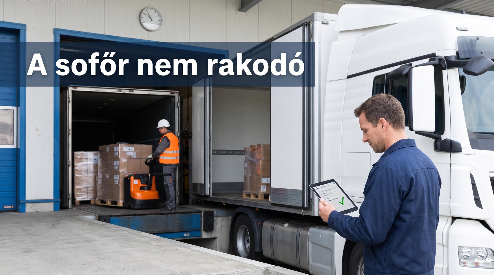 Raktári rámpánál álló kamionból egy láthatósági mellényes raktári dolgozó pakolja ki a raklapokat, a sofőr mellette nyugodtan egy tableten nézi az elektronikus átvételi igazolást.