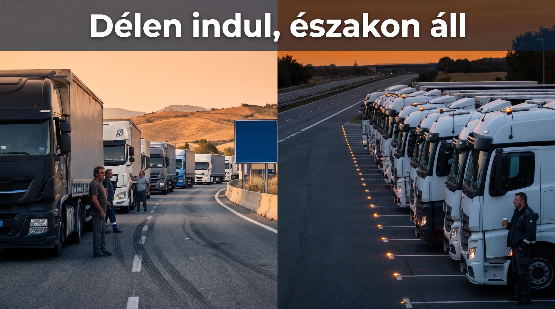 Kettéosztott kép: balra olasz autópályán újra induló kamionok, jobbra teli német kamionparkoló szürkületkor, felirat: „Délen indul, északon áll”.