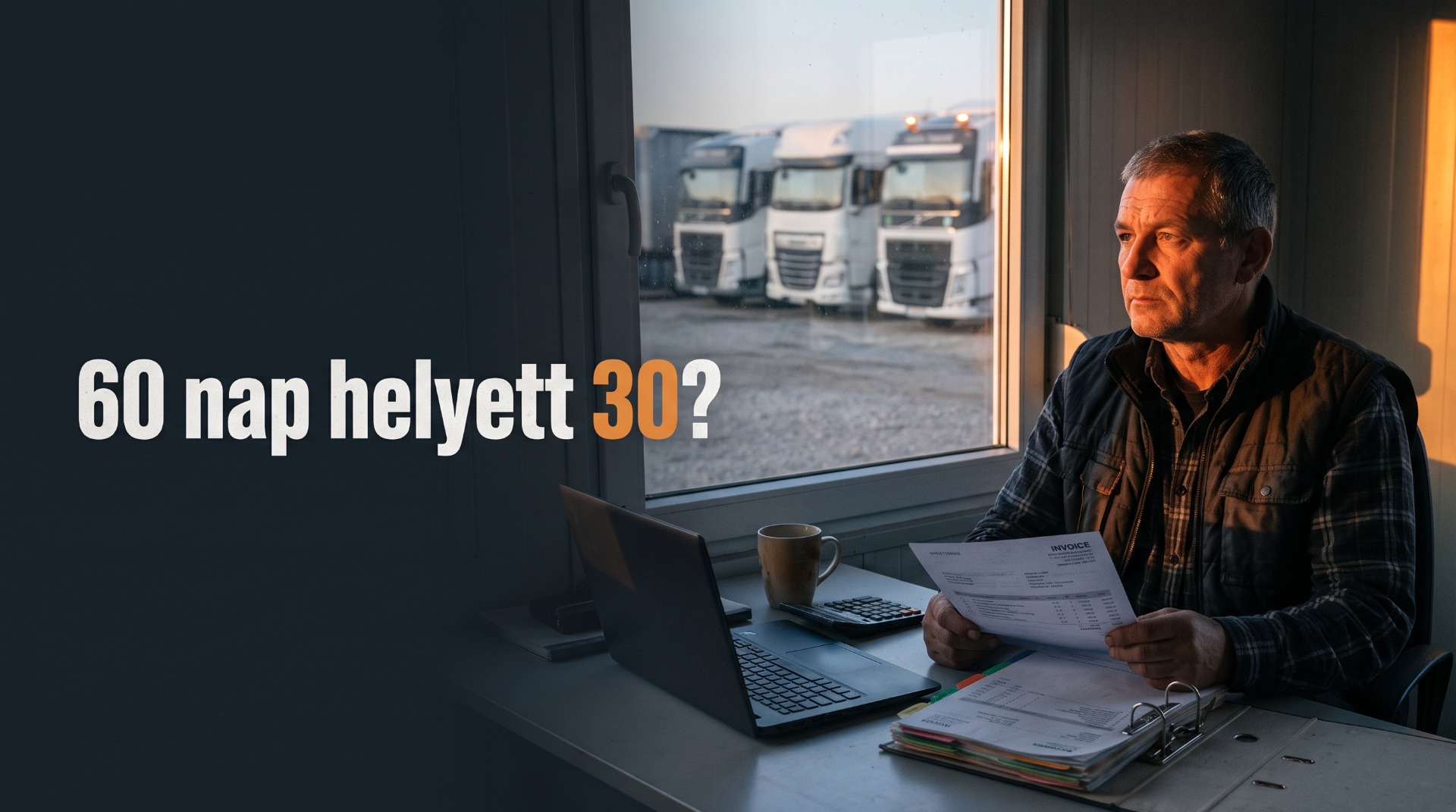 Fuvarozó cégvezető az irodájában számlával a kezében, az ablakon túl indulásra kész kamionok, felirat: „60 nap helyett 30?”