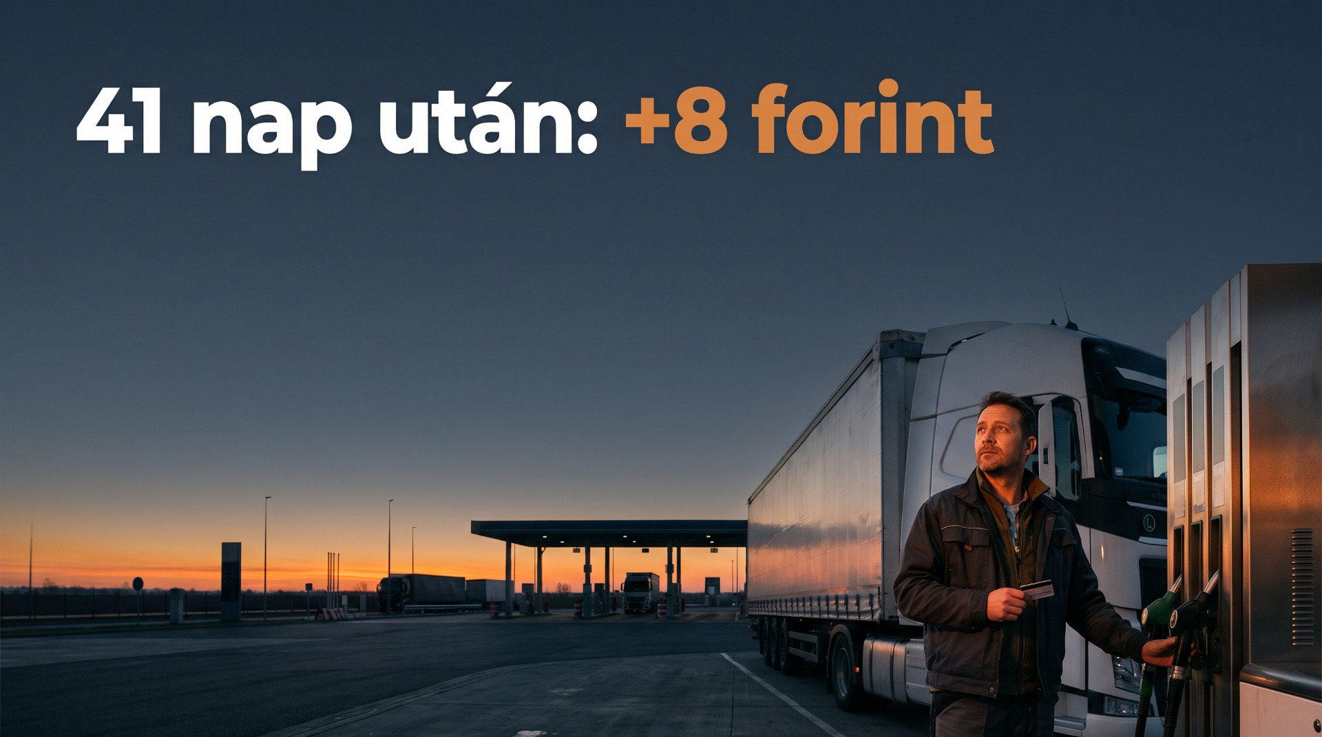 Kamion egy autópálya-pihenő kamionos tankolósávjában hajnalban, a sofőr üzemanyagkártyával a kezében, felirat: „41 nap után: +8 forint”.