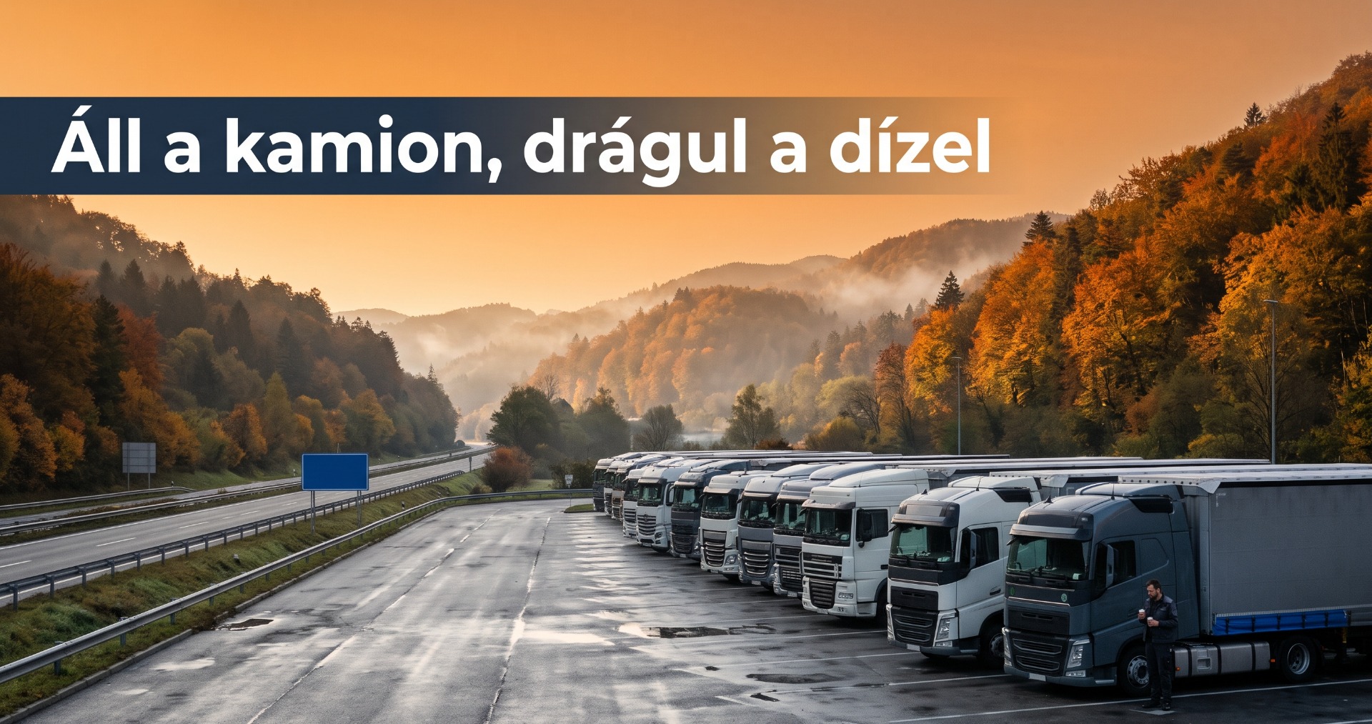 Őszi alpesi völgyben teli kamionparkoló, egy sofőr a fülkéje mellett vár, felirat: „Áll a kamion, drágul a dízel”.